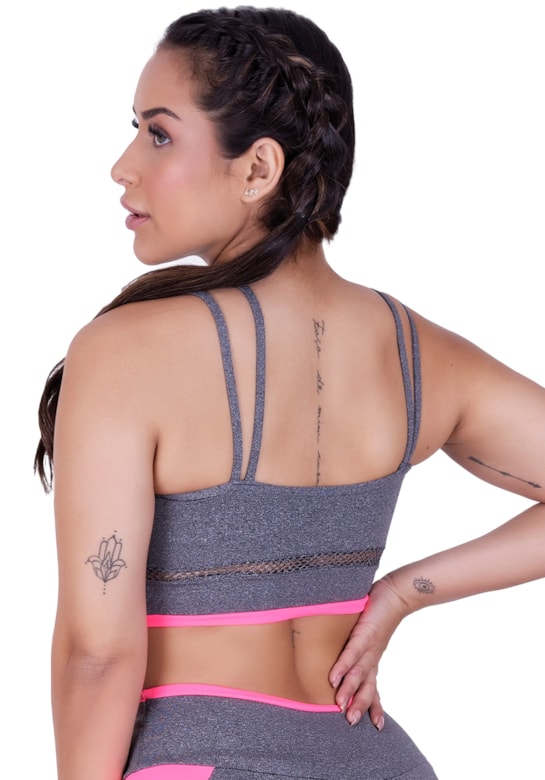 Top fitness com alças duplas finas e detalhes em tela e neon rosa com mescla
