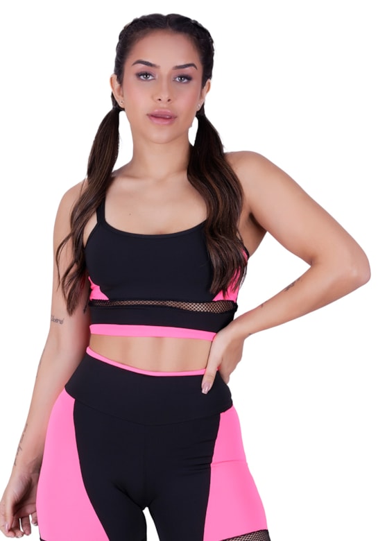Top fitness com alças duplas finas e detalhes em tela e neon rosa com preto