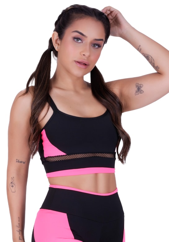 Top fitness com alças duplas finas e detalhes em tela e neon rosa com preto