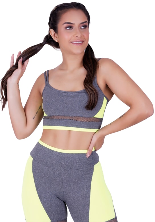Top fitness com alças duplas finas e detalhes em tela e neon verde com mescla