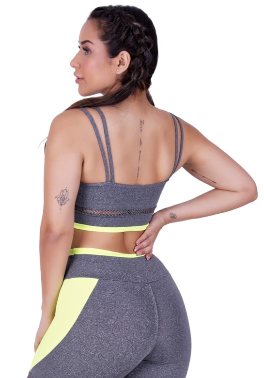 Top fitness com alças duplas finas e detalhes em tela e neon verde com mescla