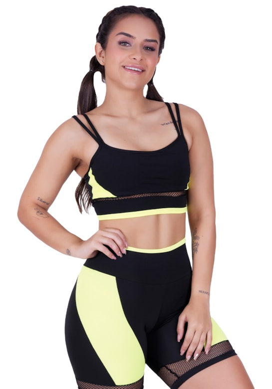 Top fitness com alças duplas finas e detalhes em tela e neon verde com preto