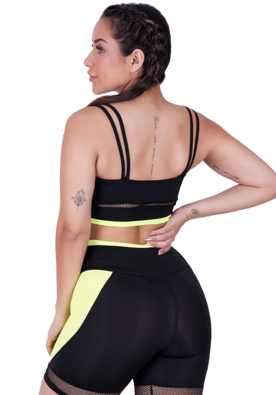 Top fitness com alças duplas finas e detalhes em tela e neon verde com preto