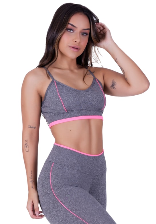 Top fitness de alças finas e detalhes em neon laranja com mescla