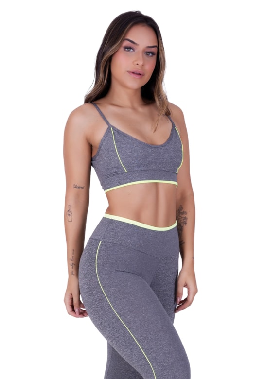 Top fitness de alças finas e detalhes em neon verde com mescla