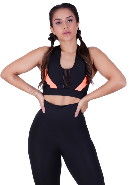 Top fitness nadador com neon e tela preto com laranja