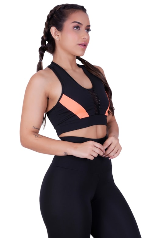 Top fitness nadador com neon e tela preto com laranja