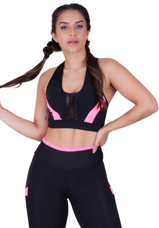 Calça legging fitness bicolor com tela nas laterais preta com rosa romance  - MTX