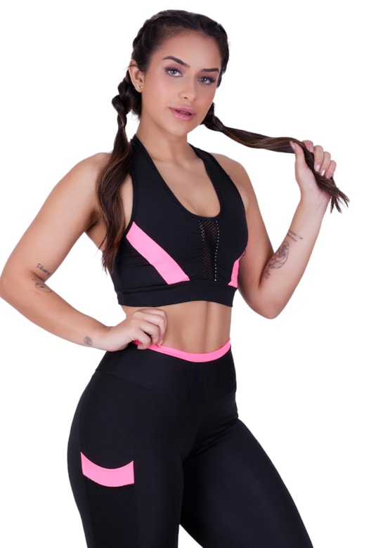 Top fitness nadador com neon e tela preto com rosa